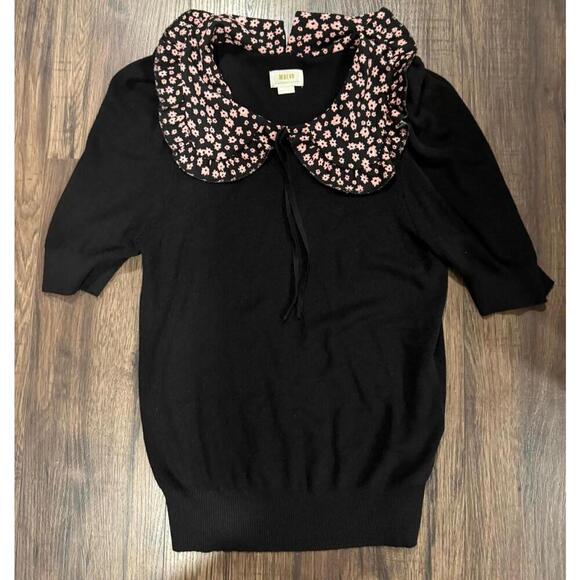 Maeve Sweaters - NWOT MAEVE Black Short Sleeve Sweater w Floral Collar size XL